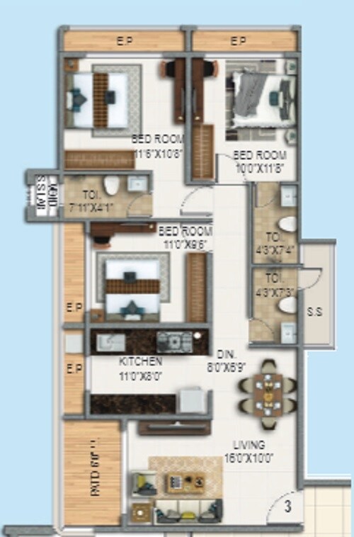 Floor plan of 3 BHK 793 Sq. Ft. Apartment in Triveni Majesta, Thane