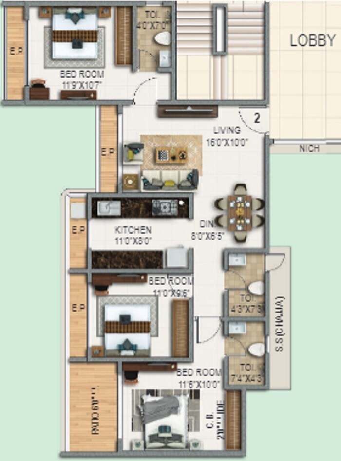Floor plan of 3 BHK 804 Sq. Ft. Apartment in Triveni Majesta, Thane
