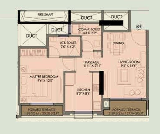 Floor plan of 1 BHK 473 Sq. Ft. Apartment in Triveni Pearl, Thane