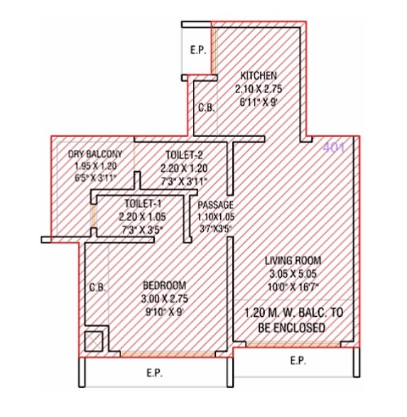 Floor plan of 1 BHK 434 Sq. Ft. Apartment in Trushna CHSL, Thane