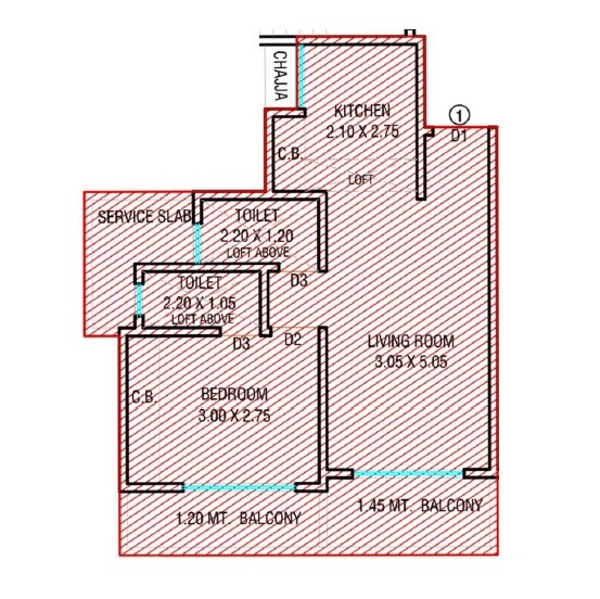 Floor plan of 1 BHK 592 Sq. Ft. Apartment in Trushna CHSL, Thane