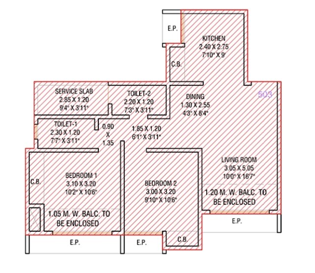 Floor plan of 2 BHK 650 Sq. Ft. Apartment in Trushna CHSL, Thane
