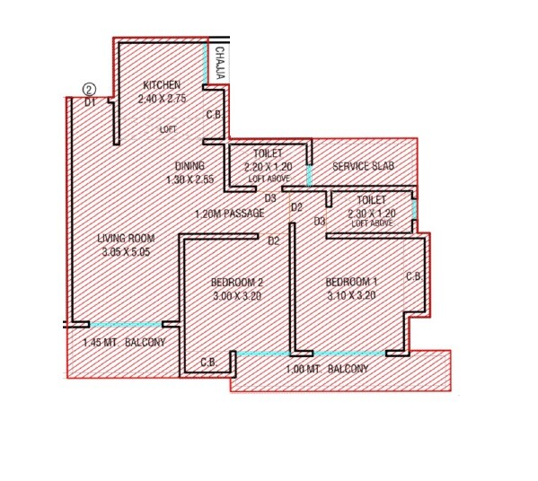 Floor plan of 2 BHK 703 Sq. Ft. Apartment in Trushna CHSL, Thane