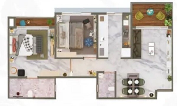 Floor plan of 2 BHK 734 Sq. Ft. Apartment in Tulsi Ariana, Thane