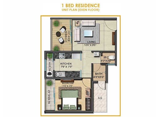 Floor plan of 1 BHK 456 Sq. Ft. Apartment in Tycoons Goldmine Avenue III Aster, Thane