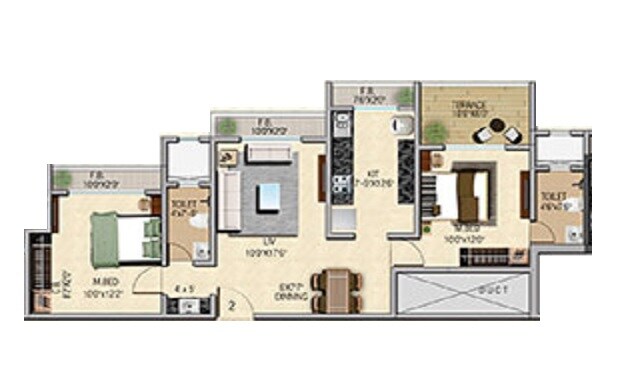 Floor plan of 2 BHK 523 Sq. Ft. Apartment in Tycoons Solitaire Phase II, Thane