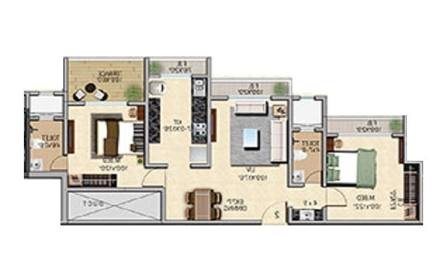 Floor plan of 2 BHK 637 Sq. Ft. Apartment in Tycoons Solitaire Phase II, Thane