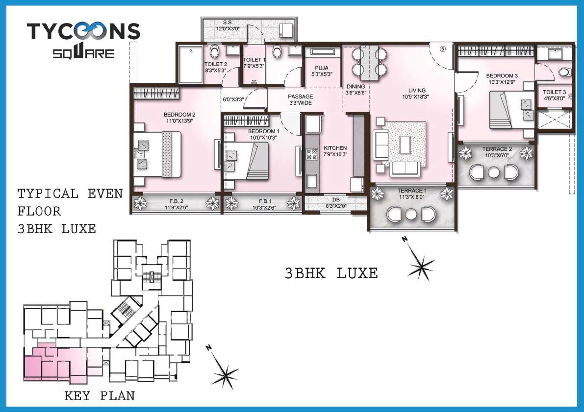 Floor plan of 3 BHK 708 Sq. Ft. Apartment in Tycoons Square, Thane
