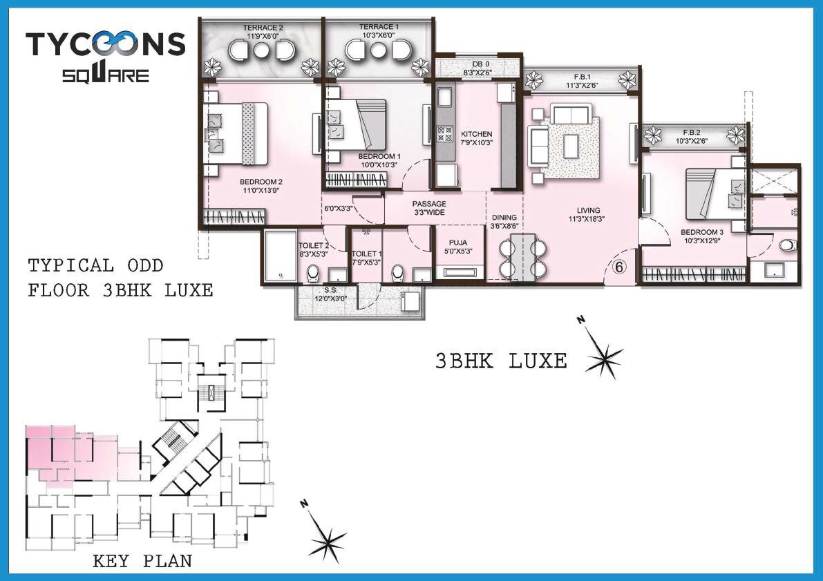 Floor plan of 3 BHK 897 Sq. Ft. Apartment in Tycoons Square, Thane
