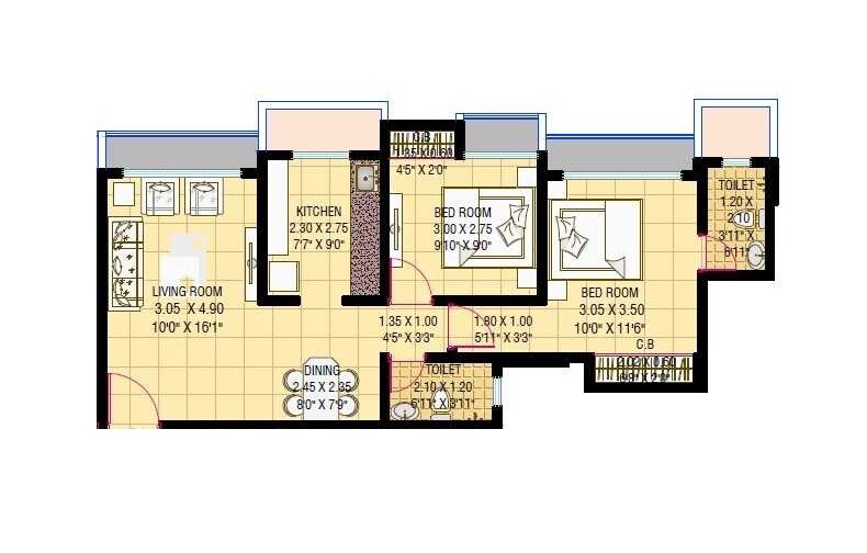 Floor plan of 2 BHK 713 Sq. Ft. Apartment in Uma Elements, Thane