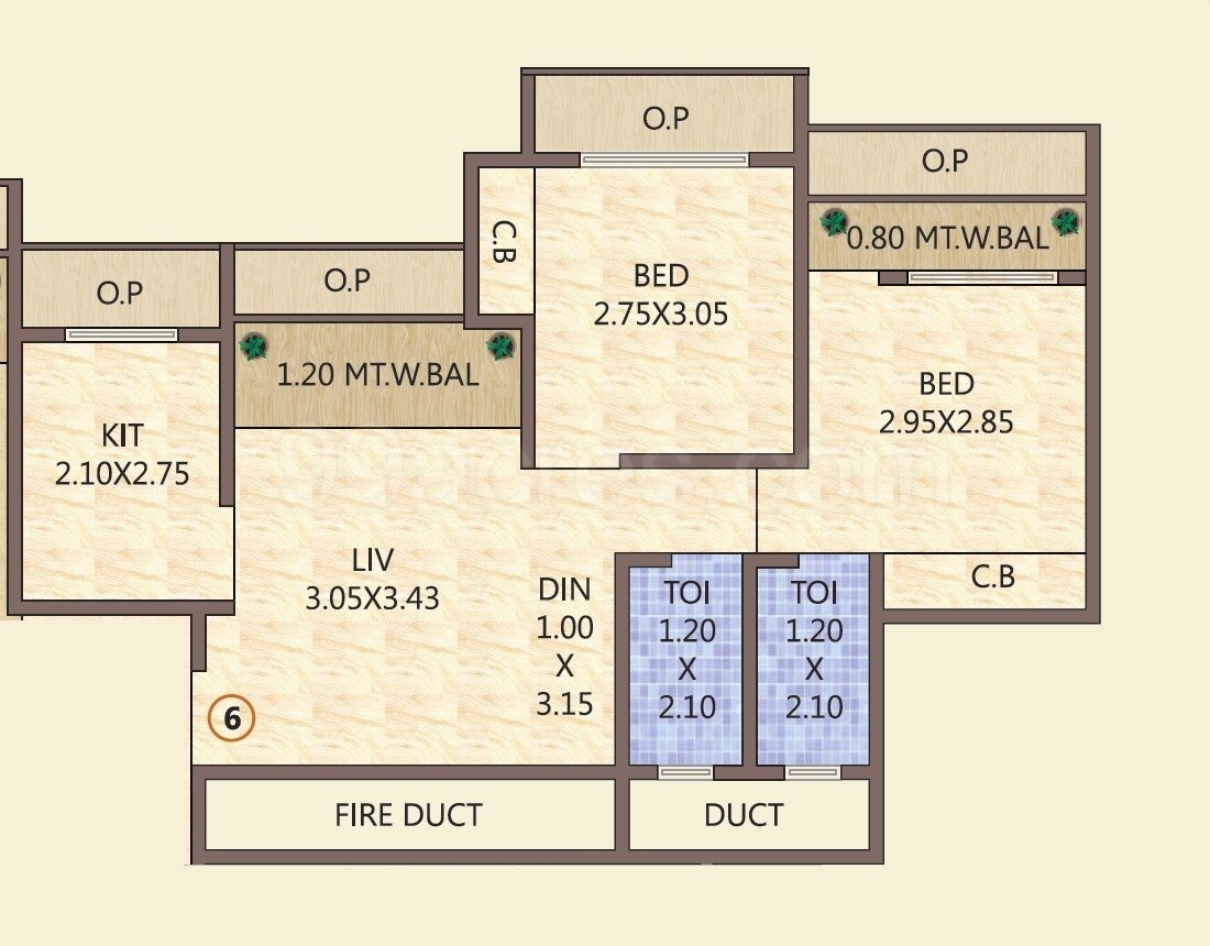 Floor plan of 2 BHK 670 Sq. Ft. Apartment in Umiya Oasis, Thane
