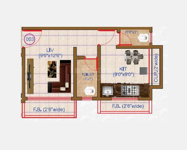 Floor plan of 322 Sq. Ft. Studio in Umiya Residency, Thane