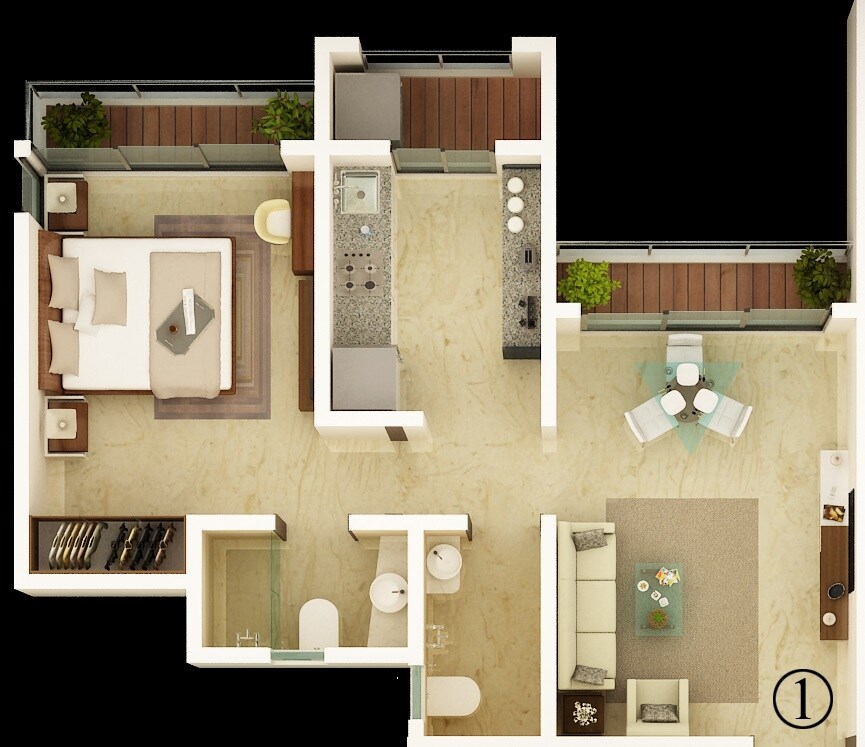 Floor plan of 1 BHK 390 Sq. Ft. Apartment in Unique Estate, Thane