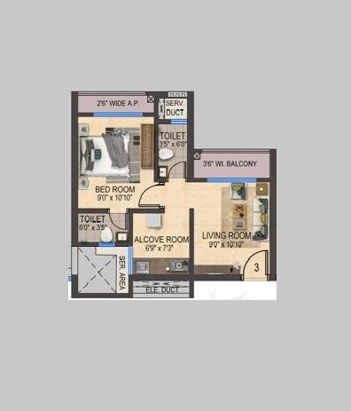 Floor plan of 1 BHK 340 Sq. Ft. Apartment in Unique Gajanan Heights, Thane