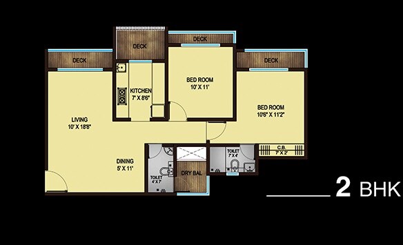 Floor plan of 2 BHK 619 Sq. Ft. Apartment in Unique Greens Ghodbunder Road, Thane