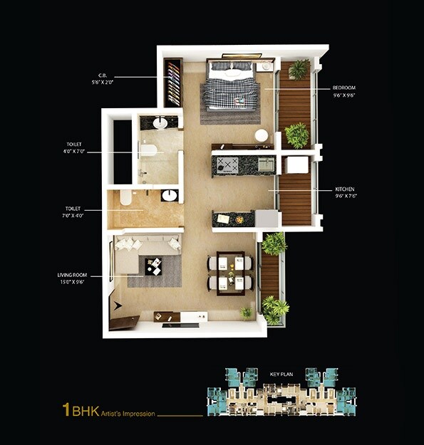 Floor plan of 1 BHK 367 Sq. Ft. Apartment in Unique Ivana, Thane