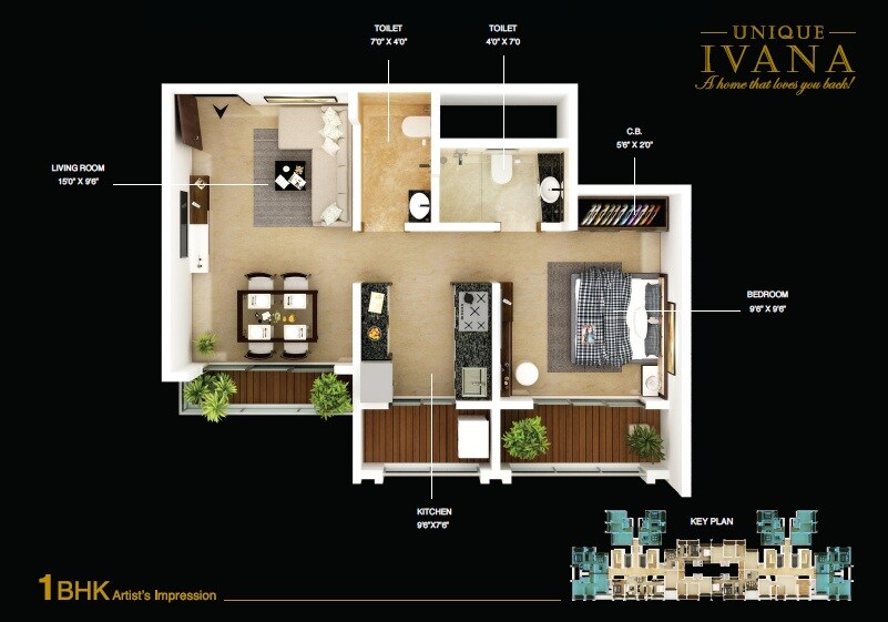 Floor plan of 1 BHK 357 Sq. Ft. Apartment in Unique Ivana, Thane