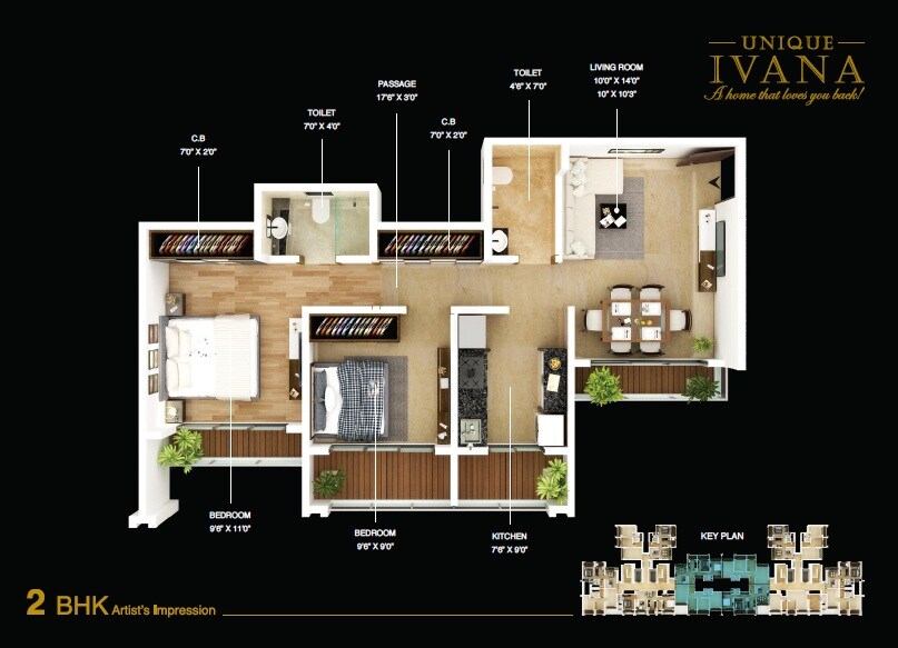Floor plan of 2 BHK 528 Sq. Ft. Apartment in Unique Ivana, Thane