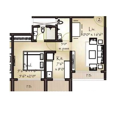Floor plan of 1 BHK 423 Sq. Ft. Apartment in Unique Orbit II, Thane