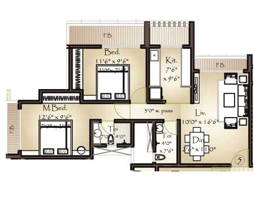 Floor plan of 2 BHK 597 Sq. Ft. Apartment in Unique Orbit II, Thane