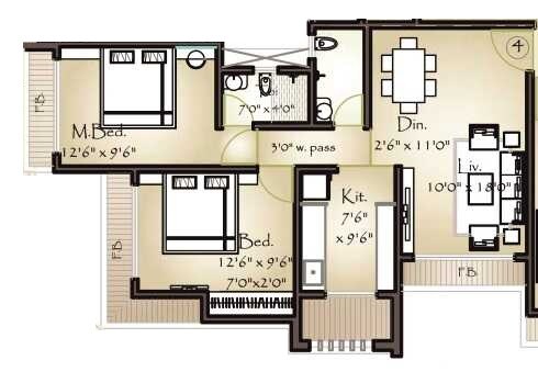 Floor plan of 2 BHK 615 Sq. Ft. Apartment in Unique Orbit II, Thane