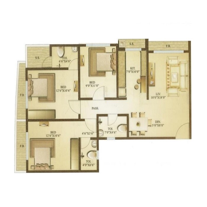 3 BHK 838 Sq. Ft. Apartment