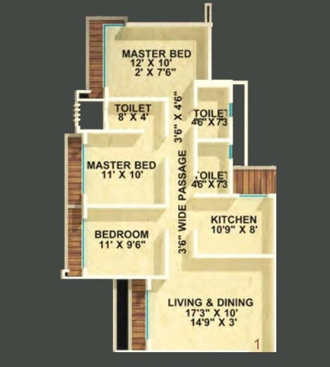 Floor plan of 3 BHK 838 Sq. Ft. Apartment in Unique Poonam Estate Cluster 3, Thane