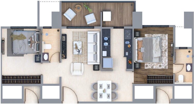 Floor plan of 2 BHK 820 Sq. Ft. Apartment in Unique Seasons One, Thane