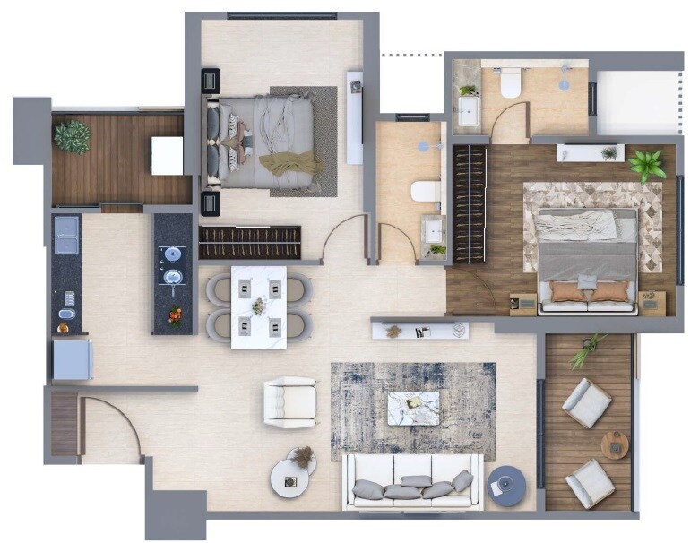 Floor plan of 2 BHK 680 Sq. Ft. Apartment in Unique Seasons One, Thane