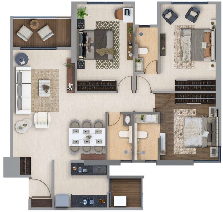 Floor plan of 3 BHK 942 Sq. Ft. Apartment in Unique Seasons One, Thane