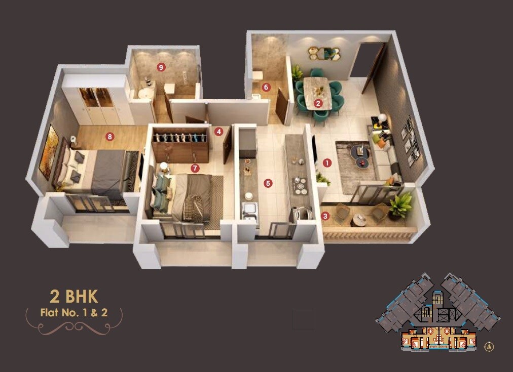 Floor plan of 2 BHK 646 Sq. Ft. Apartment in Unique Shanti Shubharambh, Thane