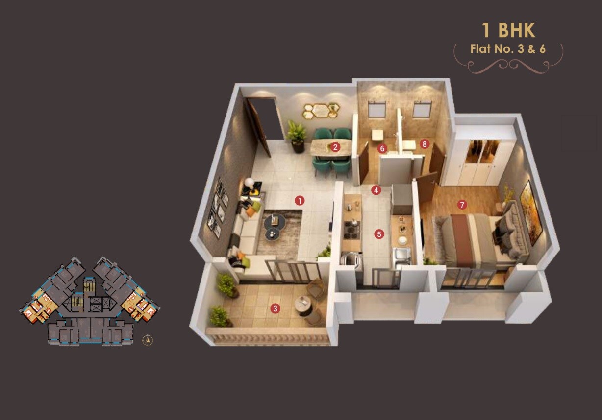 Floor plan of 1 BHK 480 Sq. Ft. Apartment in Unique Shubharambh, Thane