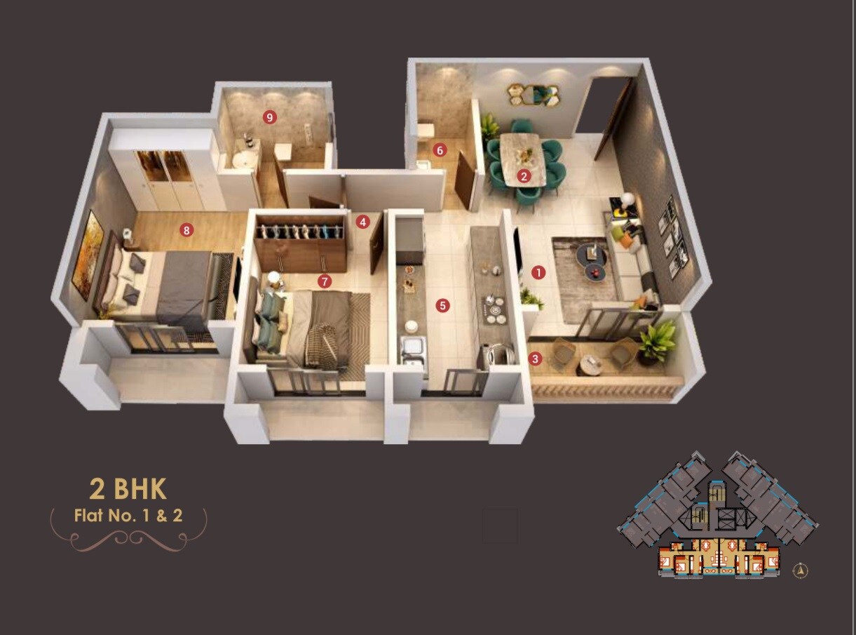 Floor plan of 2 BHK 639 Sq. Ft. Apartment in Unique Shubharambh, Thane