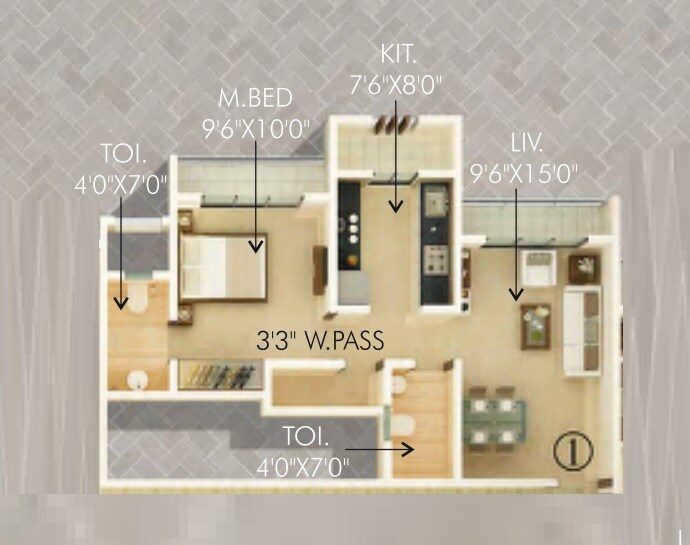 Floor plan of 1 BHK 398 Sq. Ft. Apartment in Unique Signature Mumbai, Thane
