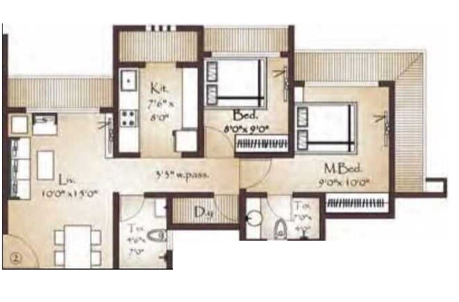 Floor plan of 2 BHK 517 Sq. Ft. Apartment in Unique Signature Mumbai, Thane