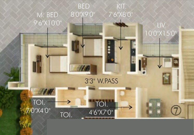 Floor plan of 2 BHK 594 Sq. Ft. Apartment in Unique Signature Mumbai, Thane