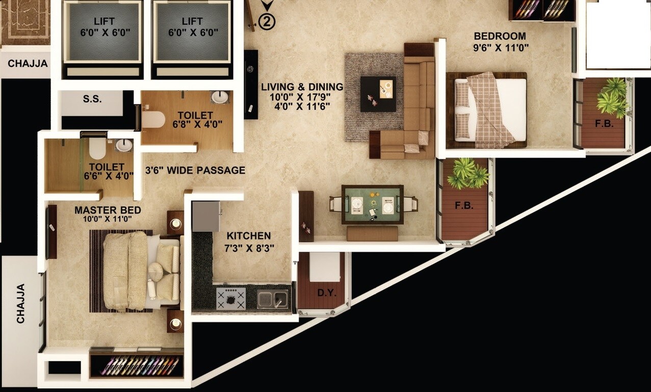 Floor plan of 2 BHK 563 Sq. Ft. Apartment in Unique The Empress, Thane