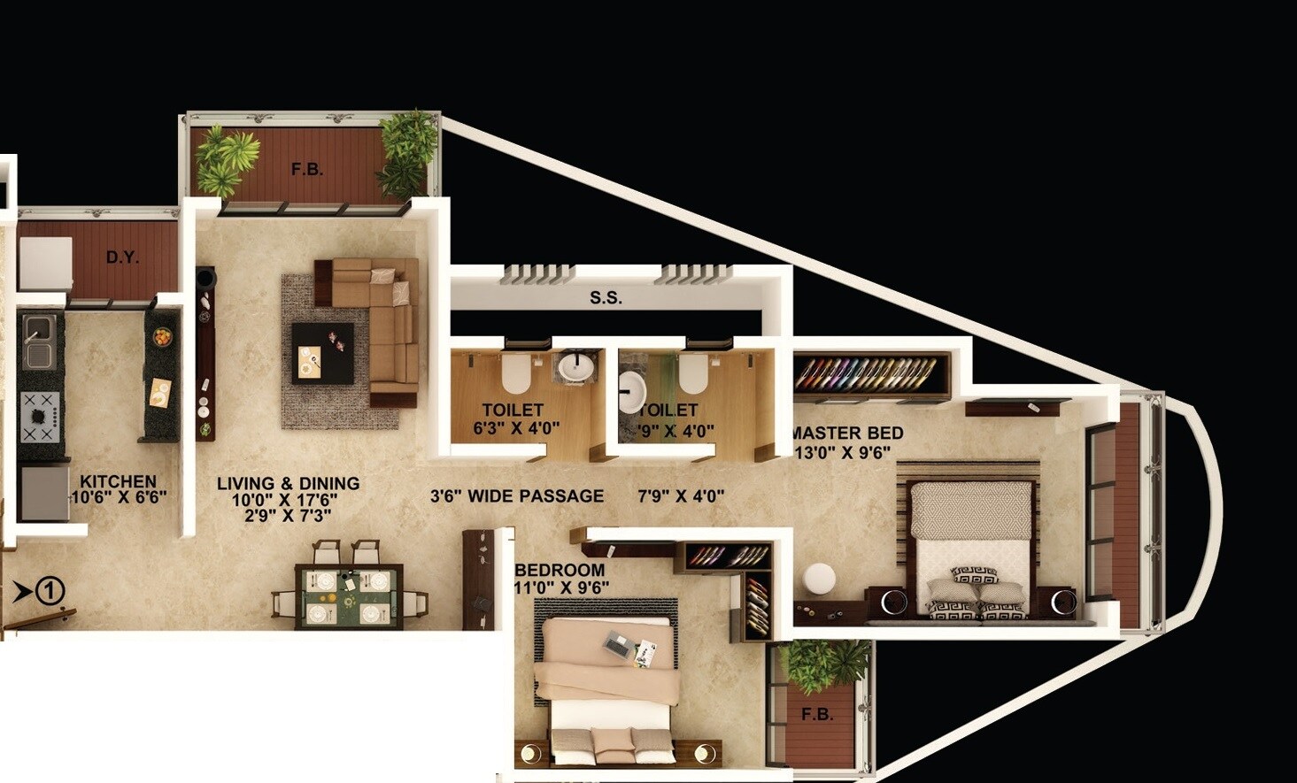 Floor plan of 2 BHK 623 Sq. Ft. Apartment in Unique The Empress, Thane