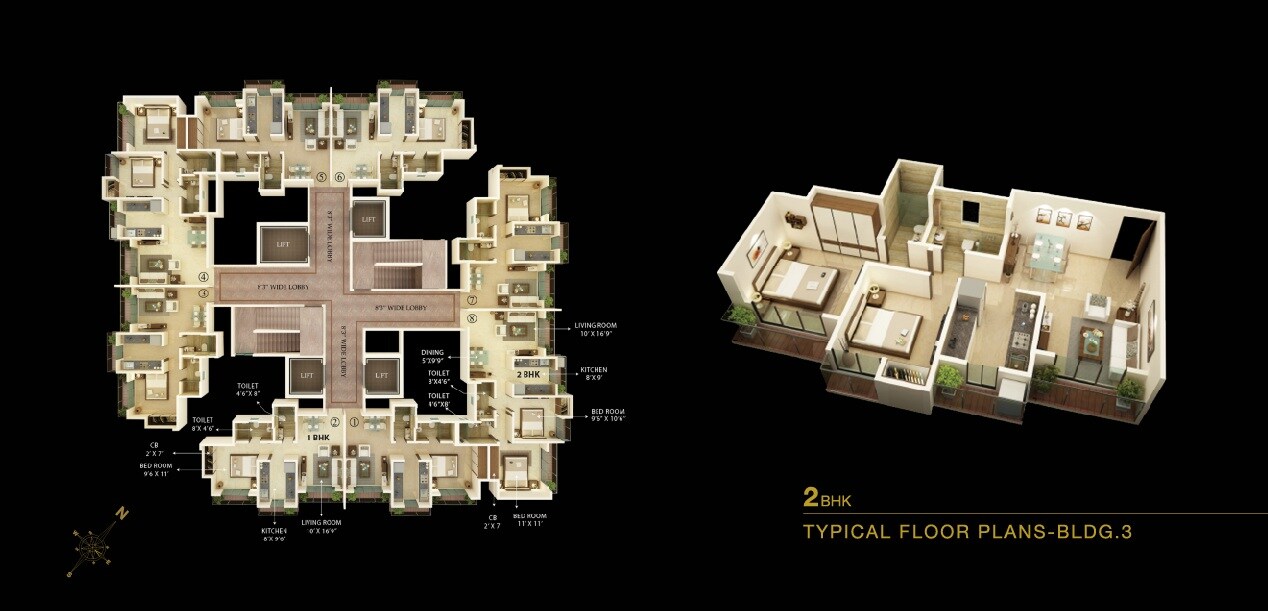 Floor plan of 2 BHK 636 Sq. Ft. Apartment in Unique Vistas, Thane