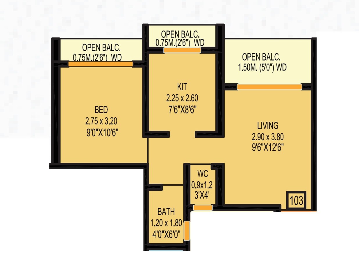 Floor plan of 1 BHK Apartment - 351 sq. ft. in Universal Balaram Complex, Thane