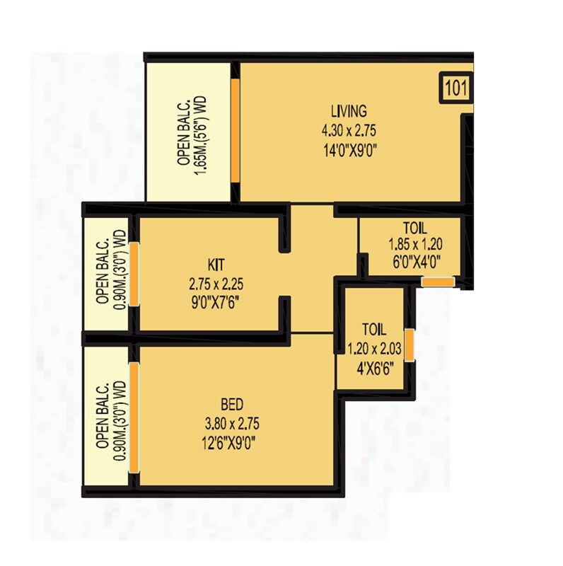 Floor plan of 1 BHK Apartment - 395 sq. ft. in Universal Balaram Complex, Thane