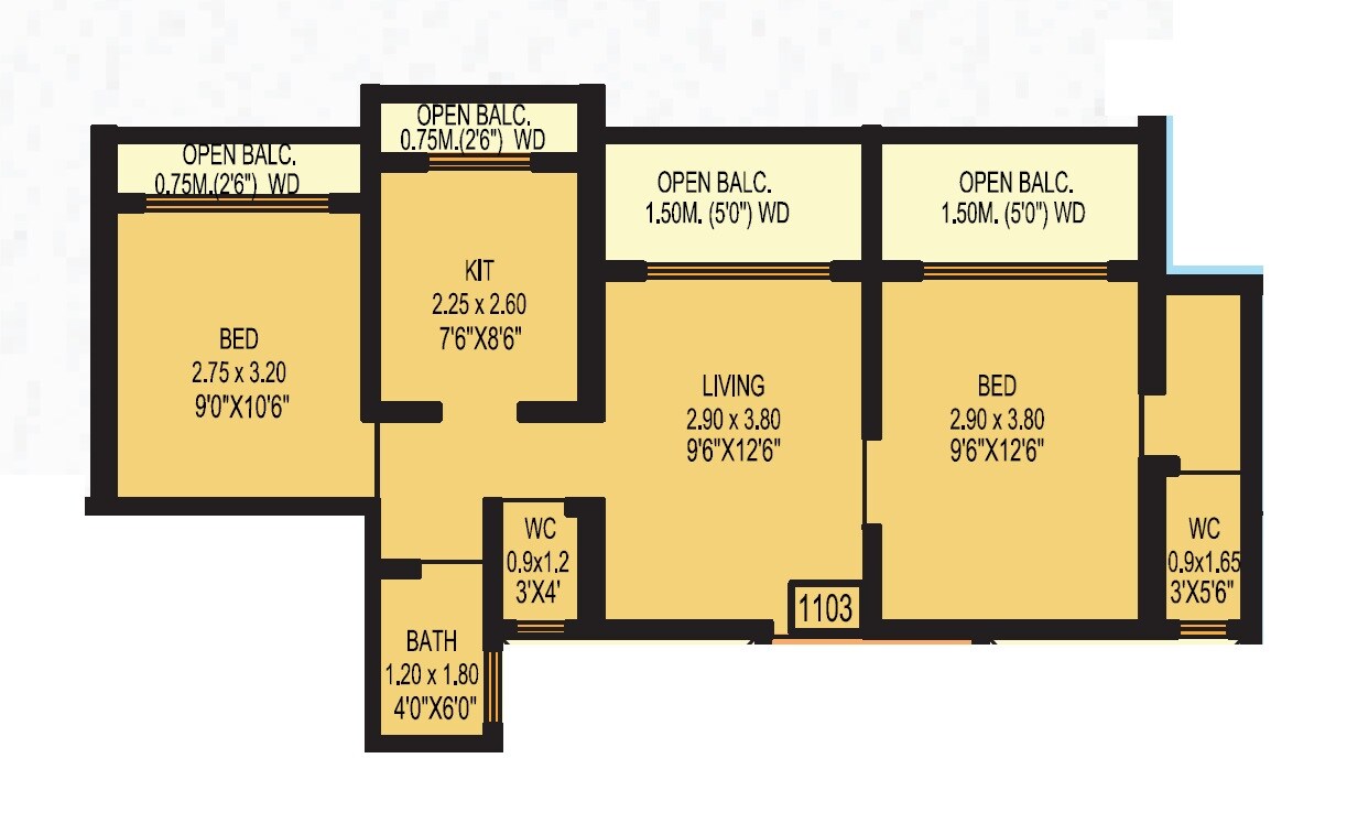 Floor plan of 2 BHK Apartment - 508 sq. ft. in Universal Balaram Complex, Thane