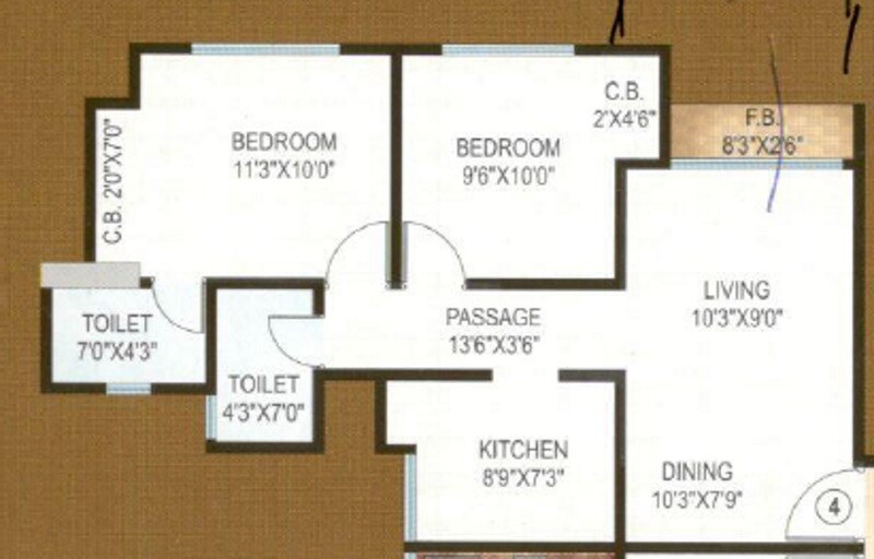 Floor plan of 2 BHK 622 Sq. Ft. Apartment in Unnathi Woods Phase 3, Thane