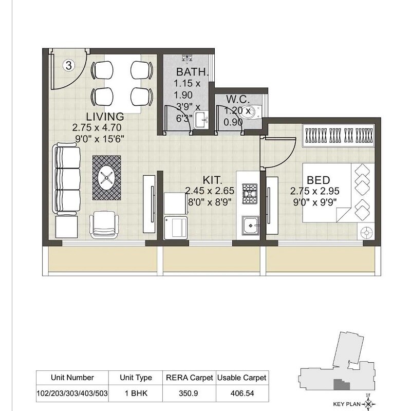Floor plan of 1 BHK 350 Sq. Ft. Apartment in Urban Heritage, Thane