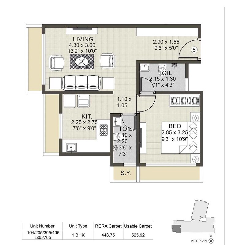 Floor plan of 1 BHK 448 Sq. Ft. Apartment in Urban Heritage, Thane