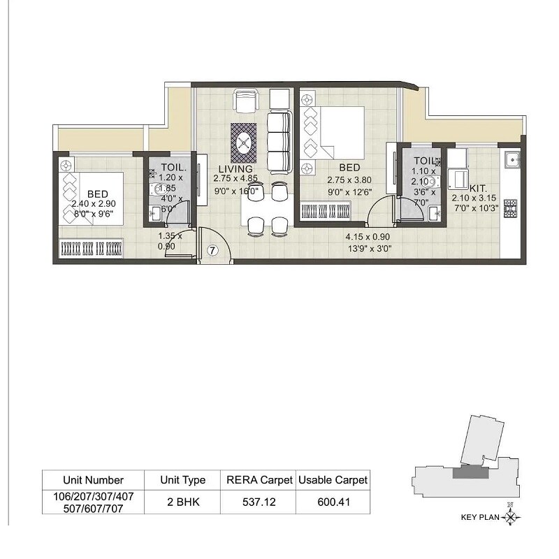 Floor plan of 2 BHK 537 Sq. Ft. Apartment in Urban Heritage, Thane