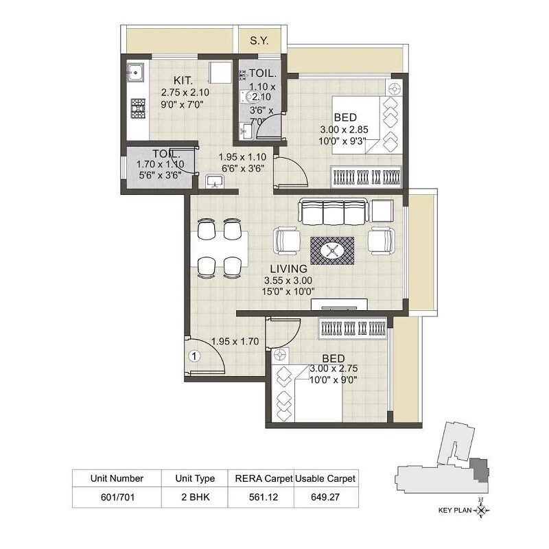 Floor plan of 2 BHK 561 Sq. Ft. Apartment in Urban Heritage, Thane
