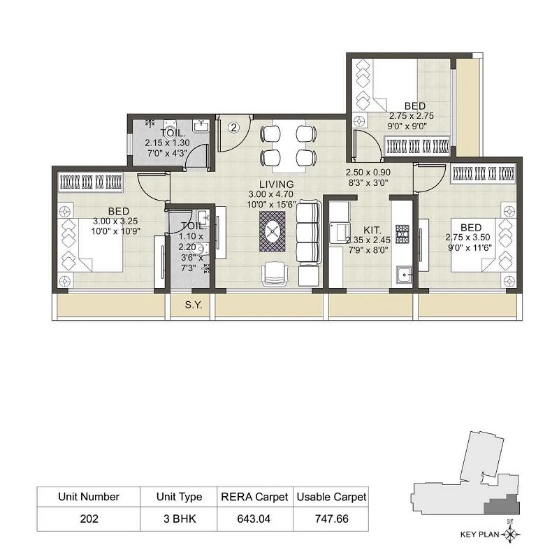 Floor plan of 3 BHK 643 Sq. Ft. Apartment in Urban Heritage, Thane