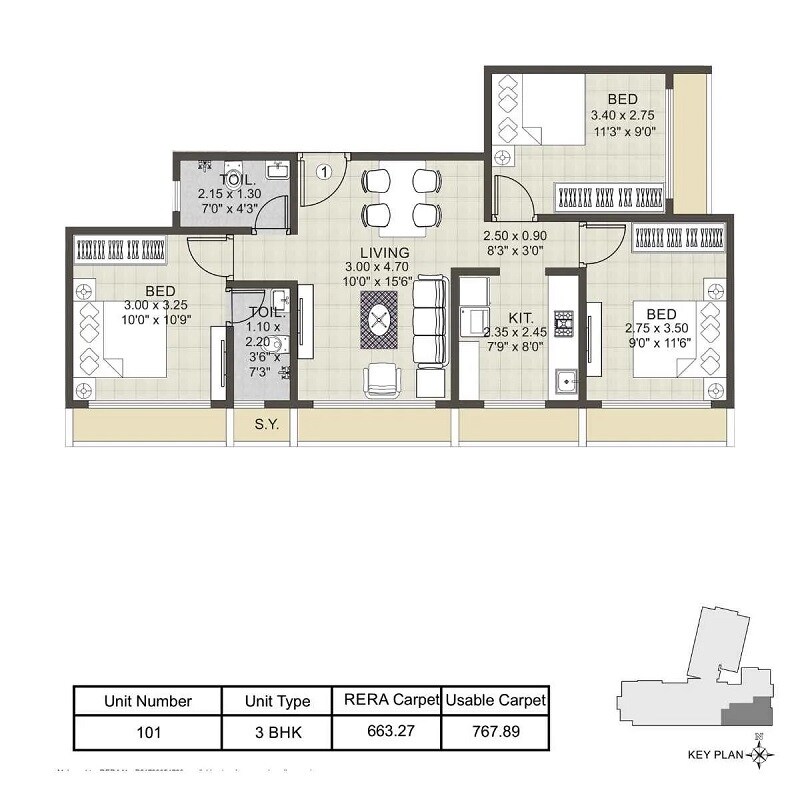 Floor plan of 3 BHK 663 Sq. Ft. Apartment in Urban Heritage, Thane