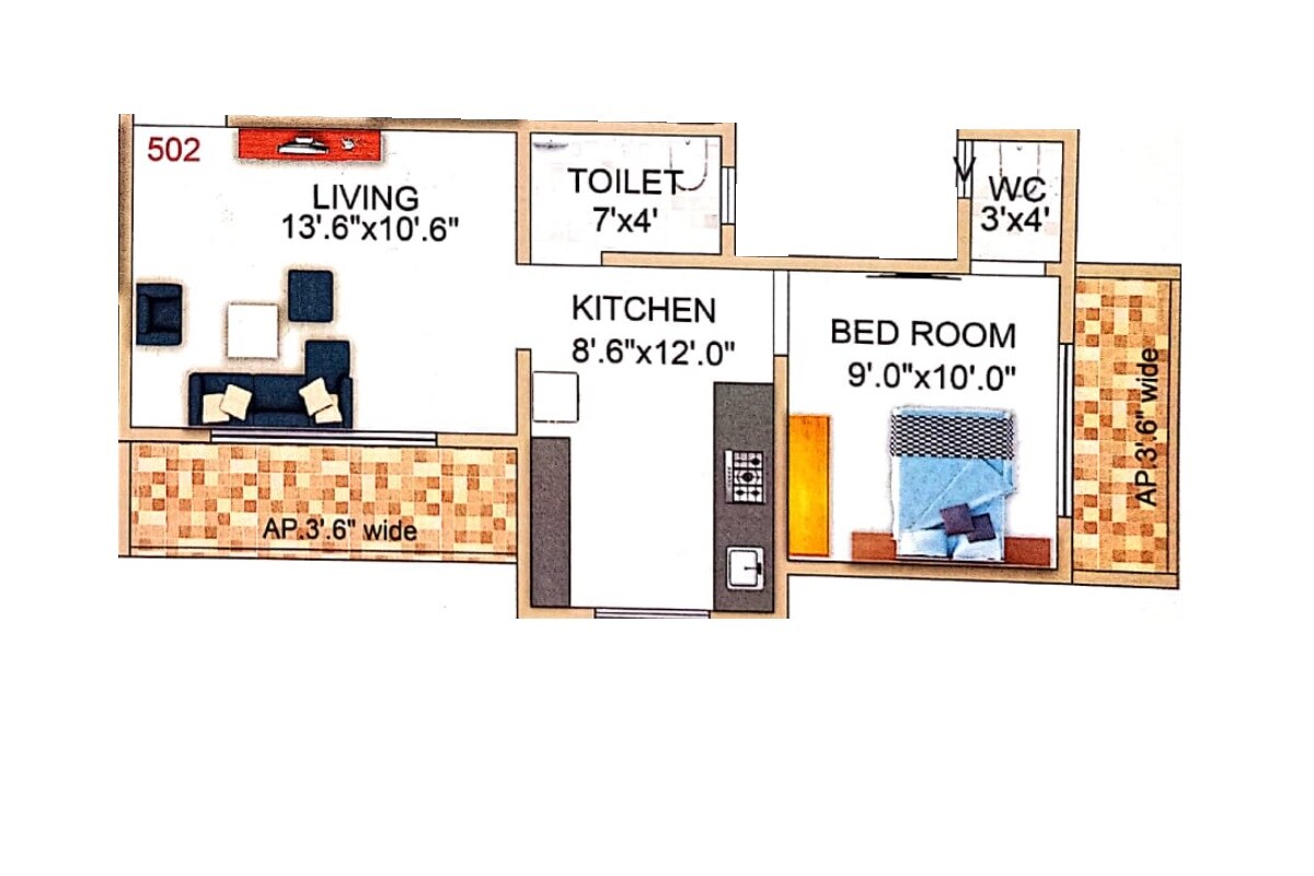 Floor plan of 1 BHK 480 Sq. Ft. Apartment in US Gouri Aangan CHS, Thane